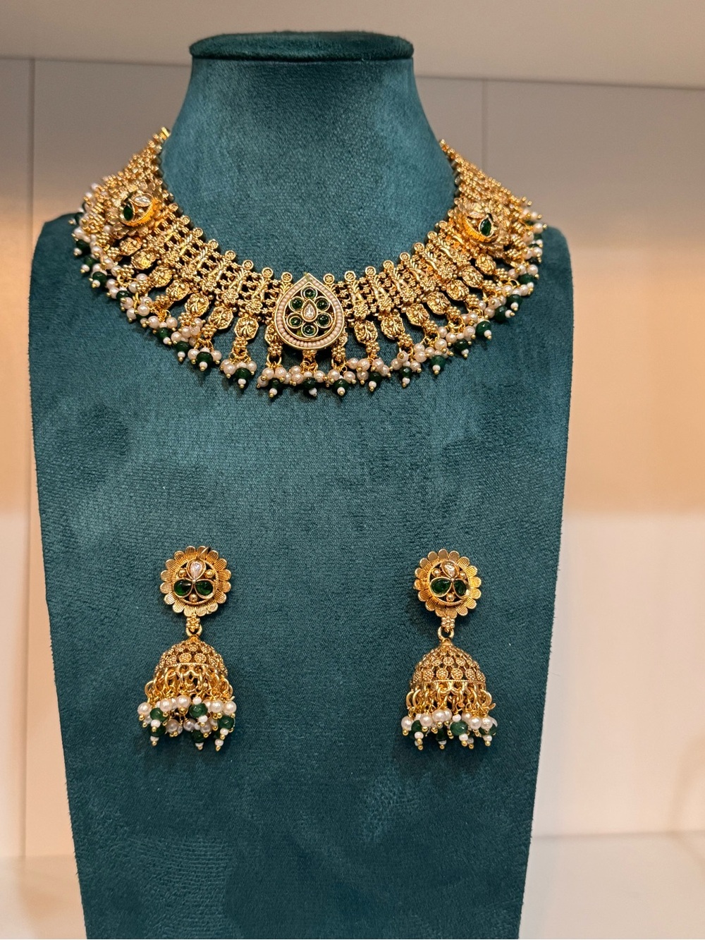 Fashion Jewelry Gold-Tone Choker Necklace with Green and Pearl Accents